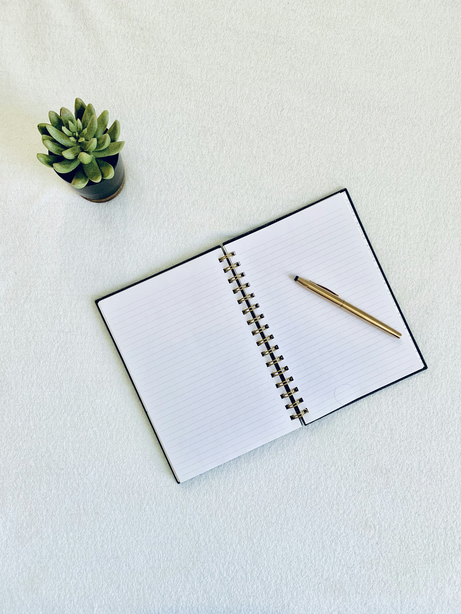 Cuaderno abierto con un bolígrafo dorado, listo para empezar a escribir